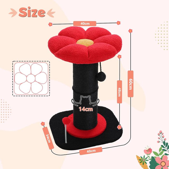 Котячий комплекс-дерево Flower для кімнатних котів, чорний, з товстим стовпом 14 см, знімним квітковим лежаком і іграшкою-пір'їнкою