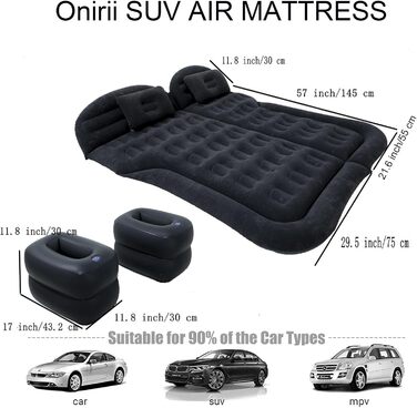 Автомобільний надувний матрац для заднього сидіння SUV, 130×27×37 см, з подушкою та насосом, для подорожей і кемпінгу, чорний De-up Suv002