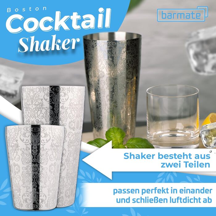 Barmate Коктейльний шейкер із нержавіючої сталі, професійний Boston Shaker, 2 частини, 750 мл, гравірування, барний аксесуар