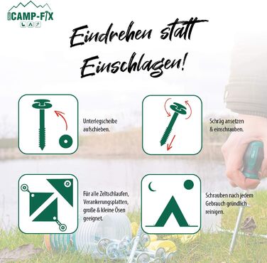 PARCO Camp-FIX Набір універсальних гвинтових кілків для намету, 16 шт, різні розміри, пластикові шайби, викрутка – аксесуари для кемпінгу