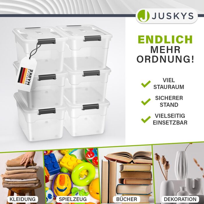 Juskys пластикові контейнери з кришкою 45 л, прозорі, набір 4 шт. — великі, штабельовані бокси для зберігання речей