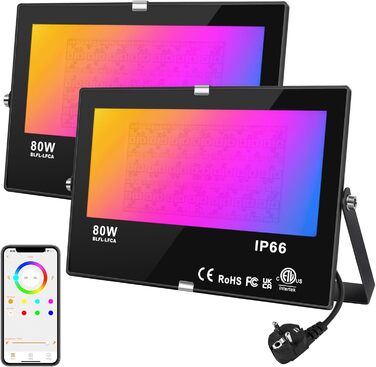 LED прожектор DUSKTEC для вулиці RGB, 80 Вт, диміруємий, з Bluetooth та APP, кольорозмінний, тепле біле світло, IP66, водонепроникний, для саду, комплект 2 шт.