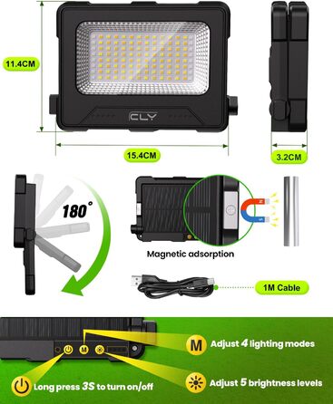 Портативний світлодіодний прожектор 80W із сонячною батареєю, акумулятором 12000mAh, 4 режими освітлення, USB-зарядка, для будівництва, кемпінгу, гаража та аварій