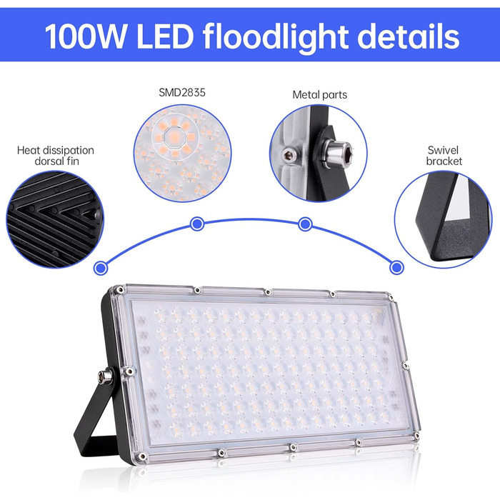 LED прожектор 300W 30000Лм, тепле біле світло 3000K, IP65, водонепроникний, вуличний світильник для саду, тераси, гаража, спортмайданчика, фабрики, майстерні (10 шт, 100W, тепле біле світло)
