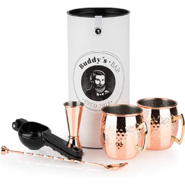 Набір для коктейлів Buddy's Bar Moscow Mule: 2 мідні кухлі 500 мл, барна ложка 27 см, джигер 5 cl, чорна преса для лайму, харчова безпека, подарункова упаковка, молотий купрум