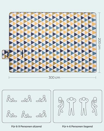 Пікнік-ковдра SONGMICS 300x200 см, велика, водонепроникна, складна, для парку, саду, пляжу, жовто-сині трикутники