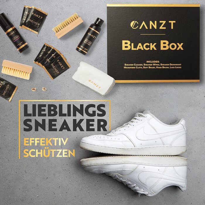 Преміум набір для чищення кросівок Canzt Black Box – для замші, нубуку, шкіри та текстилю, з засобом для взуття, серветкою, щітками, вологими серветками та дезодорантом
