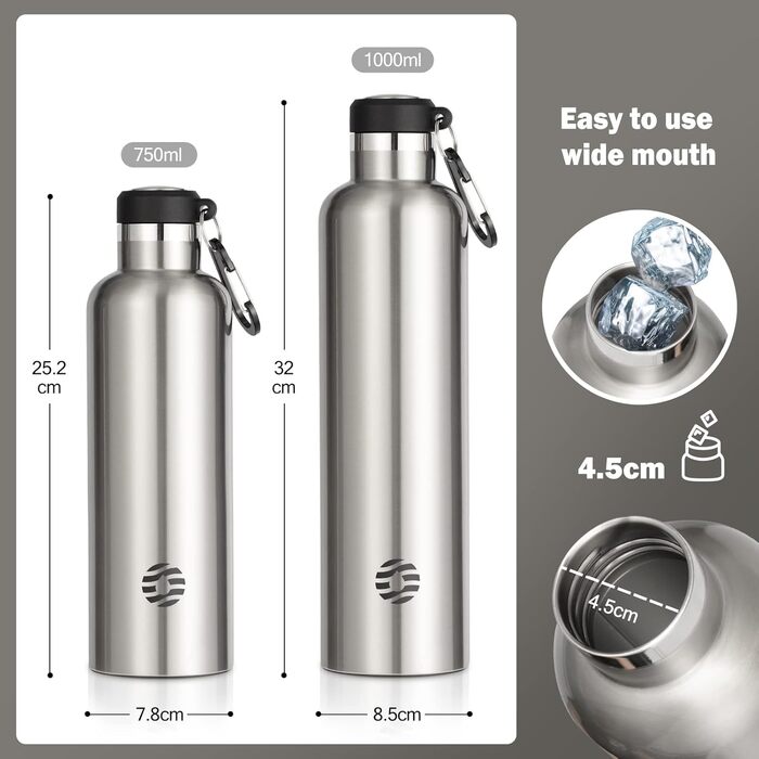 Термос-пляшка FEIJIAN FJbottle 316 із нержавіючої сталі, вакуумна, 750 мл, із карабіном, BPA-free, герметична пляшка для спорту, роботи та подорожей