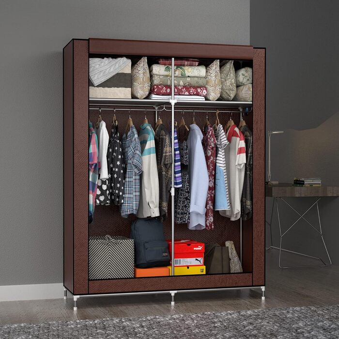 Тканинна шафа INTIRILIFE 108x170x45 см, коричнева, з блискавкою, полицями, металевим каркасом, боковою кишенею та перекладиною для одягу – складаний органайзер для зберігання