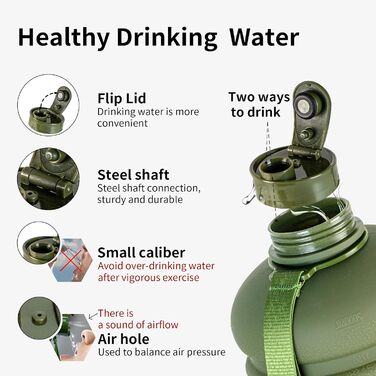 Спортивна пляшка для води TOOFEEL 2,2 л, BPA Free, багаторазова, з мірною шкалою, матова оливкова, для спортзалу