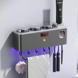 Тримач для зубних щіток на стіну з дозатором пасти, Smart Clean з сонячною зарядкою, набір 3 склянки та тримач для рушників, сірий