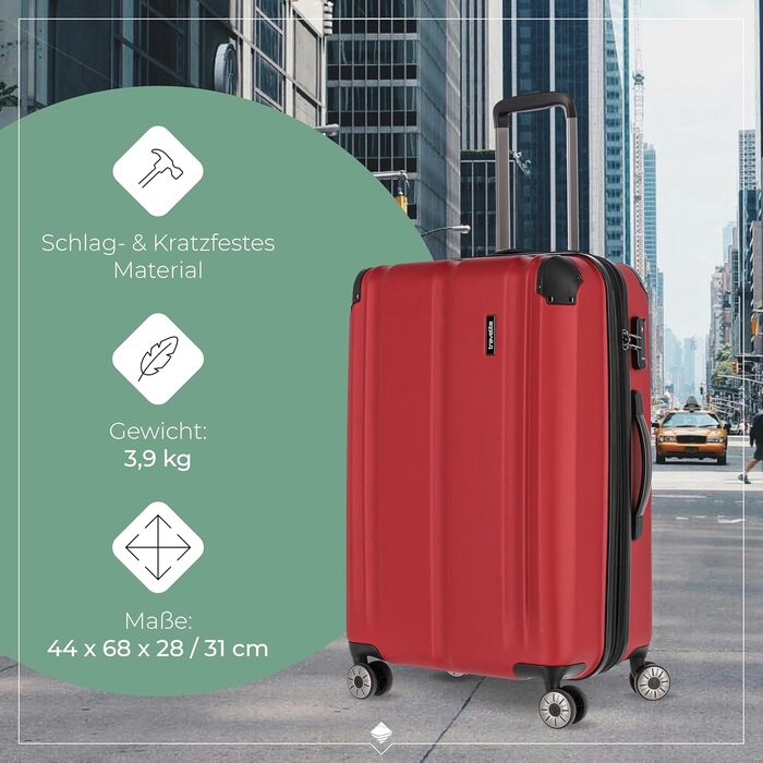 Валіза Travelite City 55 см, ручна поклажа, 4 колеса, жорсткий корпус, розширюється, стійка до подряпин, червона, 40-45 л