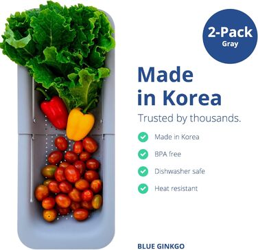 BLUE GINKGO кошики-сито для раковини, 2 шт, розсувні, сірі, для миття овочів, фруктів, зціджування макаронів, кухонне приладдя