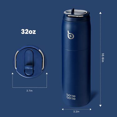 Термос-пляшка bottlebottle 946 мл із нержавіючої сталі з трубочкою та ручкою, ізольована, подвійні стінки, для спорту, подорожей, BPA-free, індиго