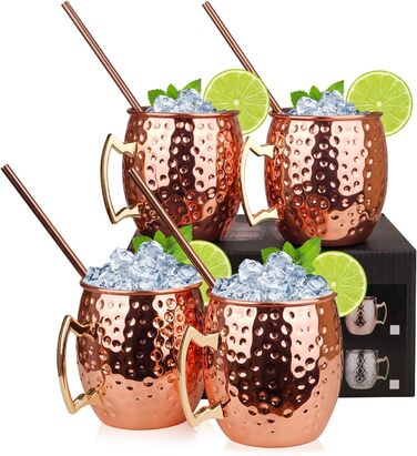 Набір мідних кухлів для Moscow Mule, 4 шт. по 550 мл з трубочками у подарунковій коробці – 100% мідь для коктейлів і охолоджених напоїв
