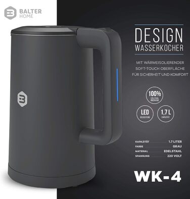 Електрочайник Balter WK-4 1,7 л, нержавіюча сталь, подвійні стінки, BPA Free, LED підсвітка, тихий, для чаю, компактний (чорний/сірий)