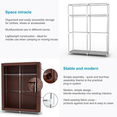 Складана шафа для одягу 108x45x170 см сіра, тканинна з металевим каркасом, блискавкою, полицями та бічною кишенею Biber Braun