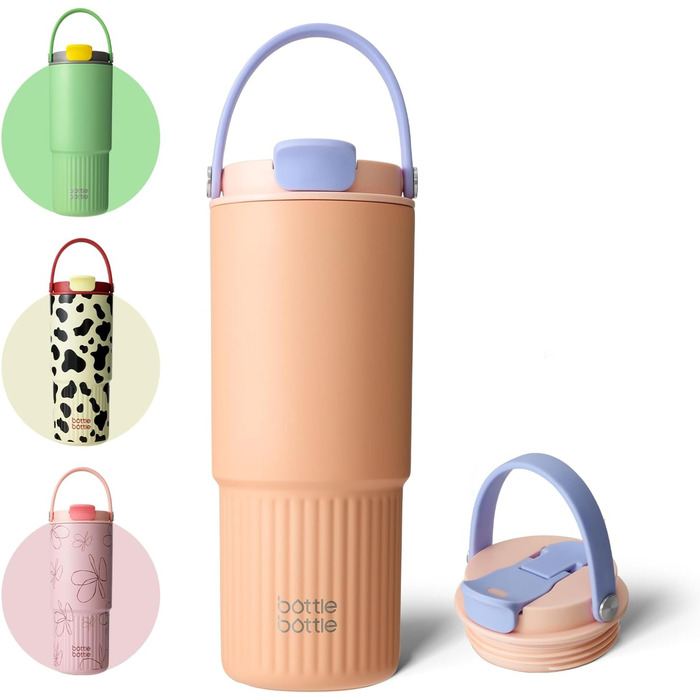 Термос-пляшка з трубочкою та ручкою BOTTLE BOTTLE, 750 мл, нержавіюча сталь, для води, спорт, авто, дім, офіс, школа, герметична, персикова