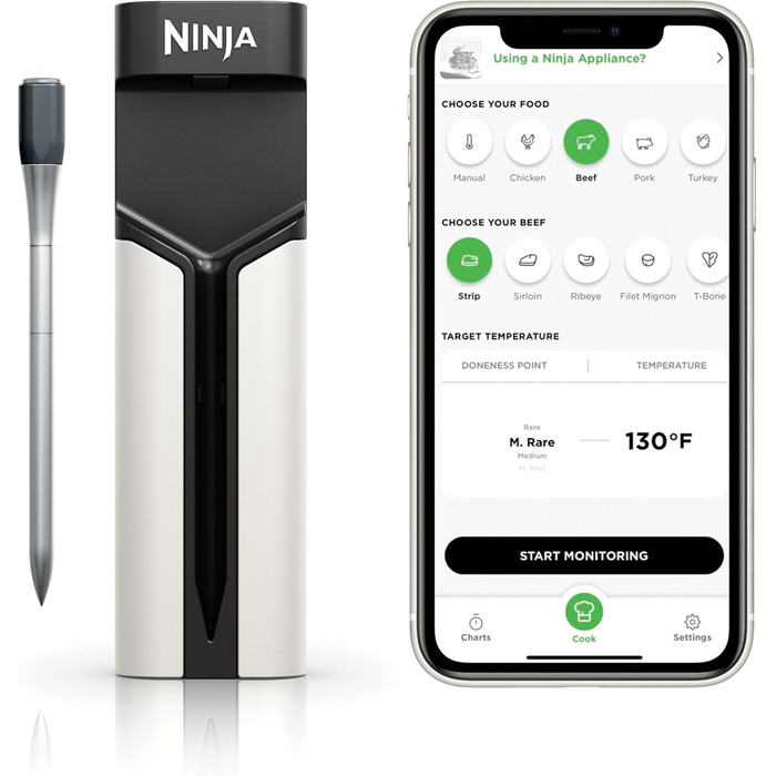 Бездротовий цифровий термометр для м'яса Ninja ProChef, зонд для приготування всередині та на відкритому повітрі, Bluetooth 50 м, автономність 30 годин, підключення до додатку, водонепроникний, термостійкий