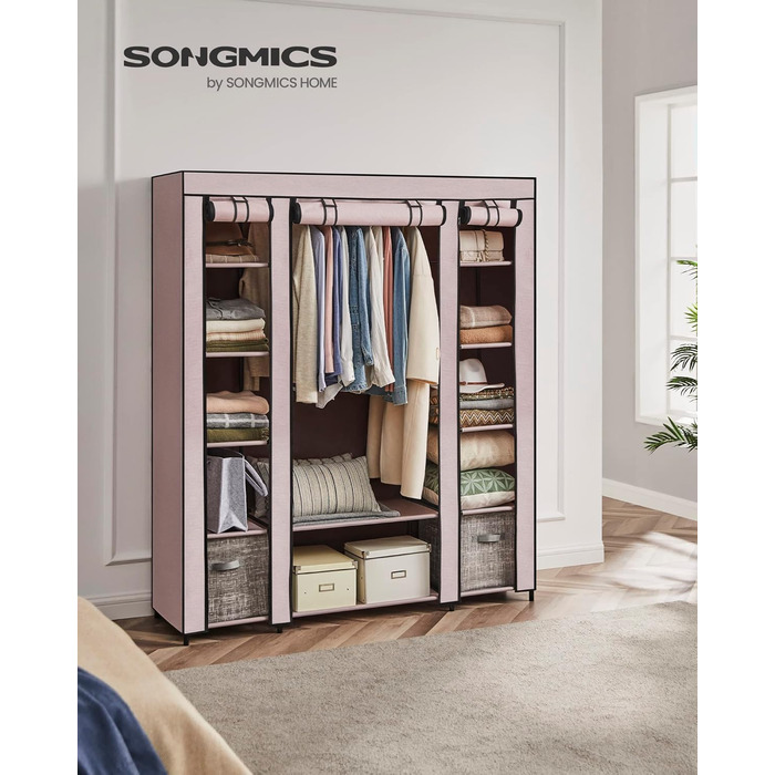 Тканинна шафа SONGMICS з полицями та штангою для одягу, пудрово-рожева, 150x45x175 см, для спальні та гардеробної