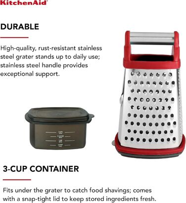 Тертка KitchenAid KN300OSERA Gourmet 4-стороння, з нержавіючої сталі, з контейнером на 3 чашки, мірними позначками, для дрібного, середнього та крупного натирання, підходить для посудомийної машини, Empire