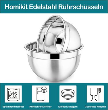 Набір металевих мисок Homikit з герметичними кришками, 7 шт, для салату, приготування та зберігання, нержавіюча сталь, сині, об'єми 6,5/4,5/2,7/2,5/1,5/1,2/0,7 л, для кухні, можна мити в посудомийній машині, штабелюються