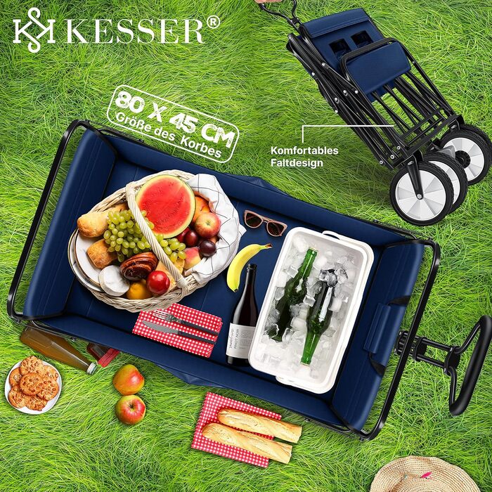 Складаний візок KESSER для транспортування, вантажопідйомність 150 кг, 360° ПВХ-колеса, 2 сітчасті кишені, бічна кишеня, чохол, без даху, синій, для саду та господарства