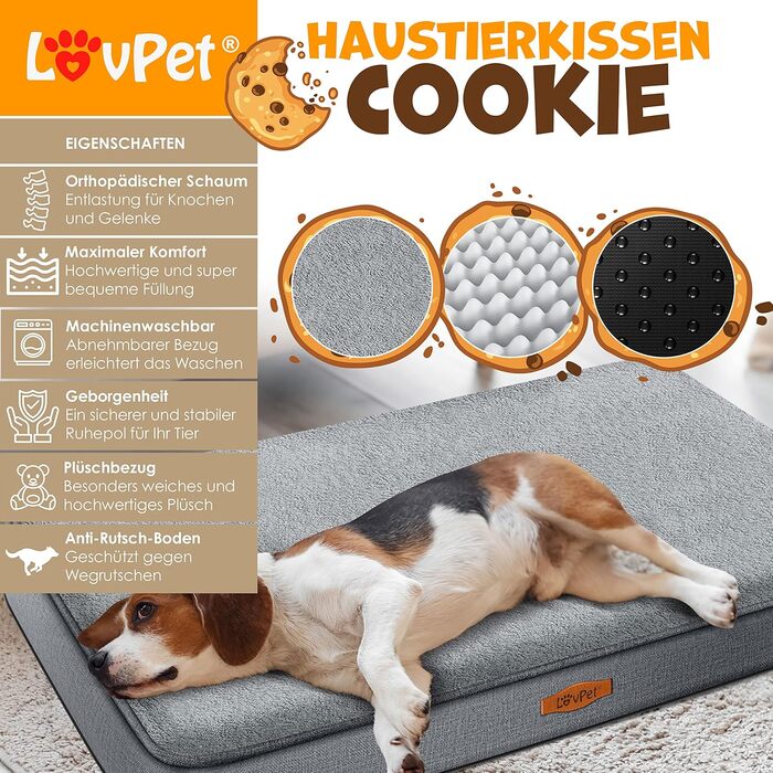 Ортопедичне ліжко-матрац Lovpet для собак Cookie з мискою та 3 жувальними кісточками, для малих, середніх і великих собак, знімний та праний чохол, розмір L 91x69x7,6 см, антрацит
