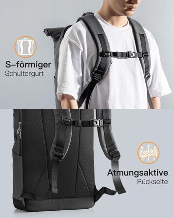 Рюкзак Inateck RollTop 25-30 л для чоловіків і жінок, велосипедний, шкільний, для університету, роботи, спорту та подорожей, з відділенням для ноутбука 17'' (сірий, стильний дизайн)