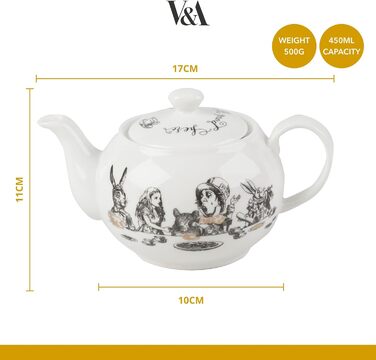 Керамічний чайник V&A Аліса в Країні Див, білий, 450 мл, з кришкою, декорований — для чаю, води, сервірування