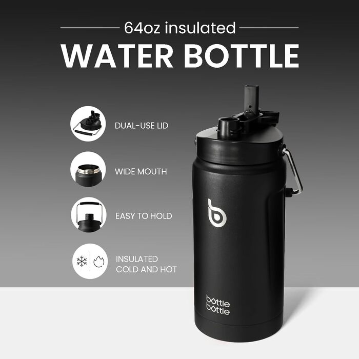 Ізольована пляшка для води BOTTLE BOTTLE 1,8 л з трубочкою, подвійною кришкою та ручкою, термос із нержавіючої сталі для спорту, фітнесу та напоїв, чорна
