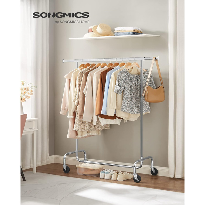 Вішак для одягу SONGMICS на колесах, металевий, розсувний, до 130 кг, 45 x (110-150) x 162,9 см, сріблястий, модель HSR11S