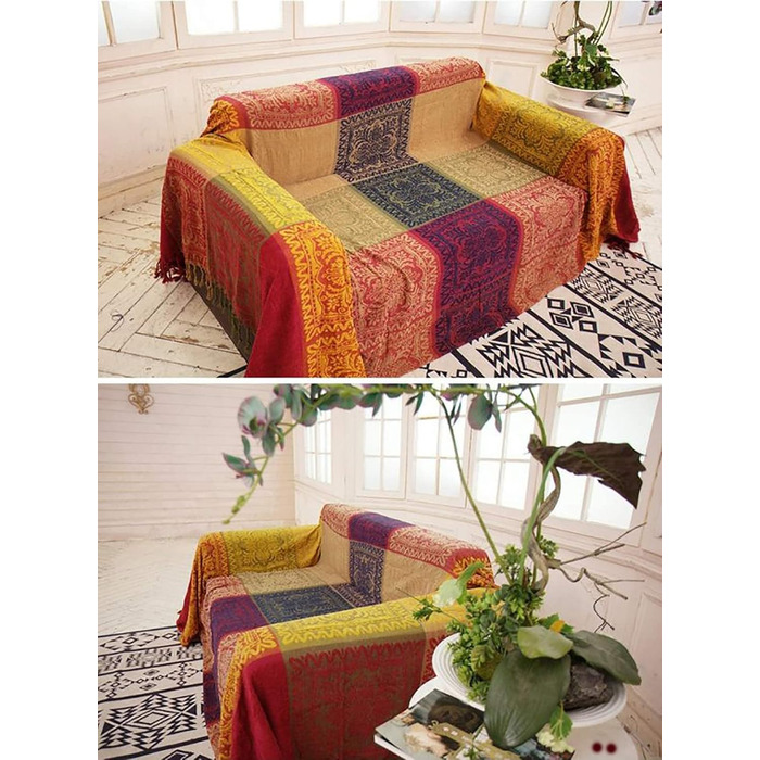 Плед-покривало Boho Hippie з жакардової шенілі, двосторонній, червоний/синій, для дивана, крісла, меблів, 250x224 см