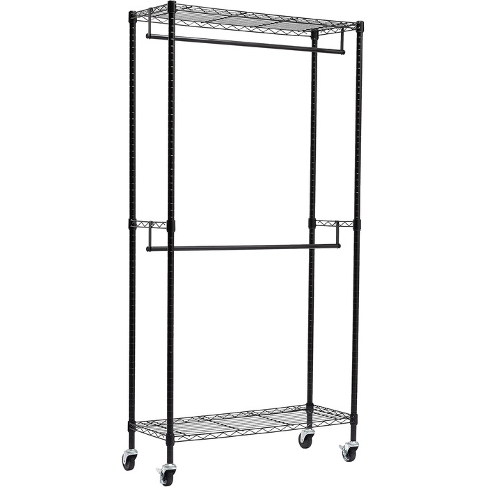 Вішалка для одягу Amazon Basics з верхніми та нижніми полицями, 91x45,6x180,2 см, чорна, дворядна