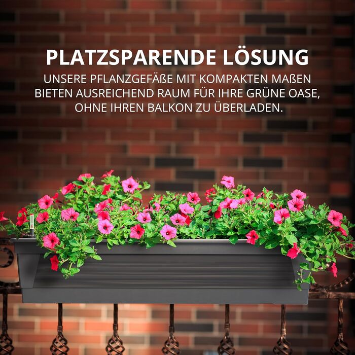 Пластиковий квітник Plastard Milano 3 шт. по 60 см, антрацит, з водозапасом і індикатором рівня води, для саду та балкона, стійкий до погодних умов, для внутрішнього та зовнішнього використання
