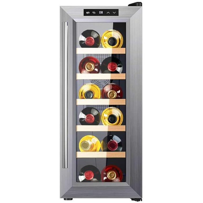 Винний шафа Cecotec Bolero GrandSommelier 830 CoolWood, термоелектрична, тиха, енергоефективна, для 12 пляшок, з індикаторами, сенсорним керуванням, нержавіюча сталь і дерево, регулювання температури 8-18°C