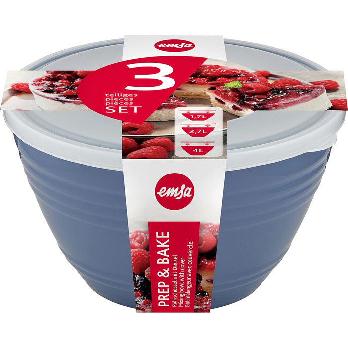 Набір мисок Emsa Prep&Bake 3 шт: 1,7/2,75/4,15 л, пластик, із кришками, нековзка основа, для змішування, можна мити в посудомийці, штабельовані