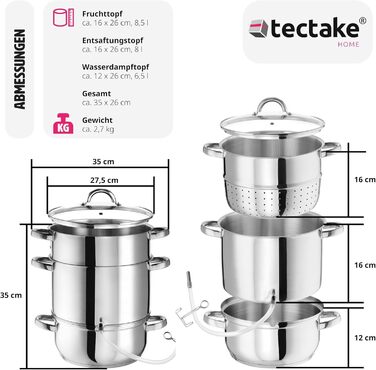 Пароварка-соковижималка з нержавіючої сталі 15 л tectake для фруктів і овочів, підходить для індукції, Ø 26 см, з кришкою та шлангом, можна мити в посудомийній машині, срібляста