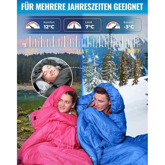 KingCamp Oasis спальний мішок 3 сезони, теплий, легкий, з капюшоном, для кемпінгу та туризму