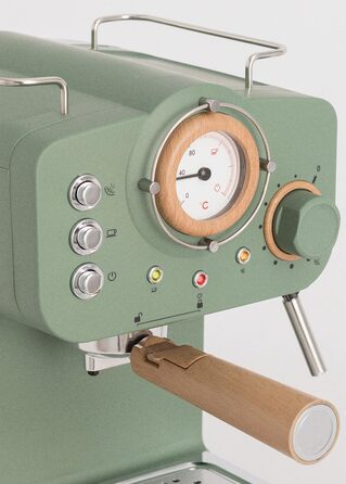 Еспресо-машина CREATE THERA MATT Retro, кремово-біла матова з дерев'яними вставками, напівавтоматична, 15 бар, 1100 Вт, резервуар 1,25 л, для меленої кави та ESE-подушечок 55 мм