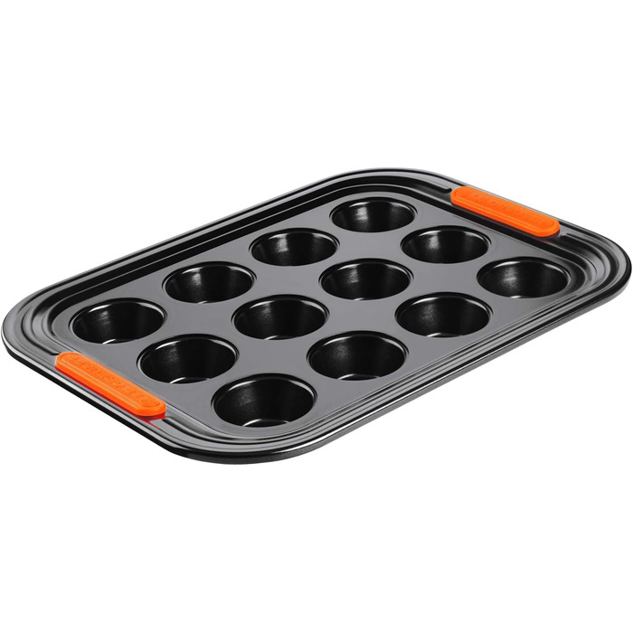 Форма для мафінів Le Creuset на 12 шт, антипригарна, з вуглецевої сталі, стійка до закваски, антрацит/помаранчева