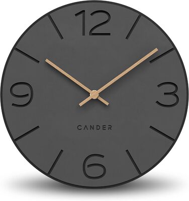 Настінний годинник Cander Berlin MNU 2630 Y, 30 см, безшумний, аналоговий, для вітальні, сучасний вінтаж, сірий/чорний, дерев'яні стрілки