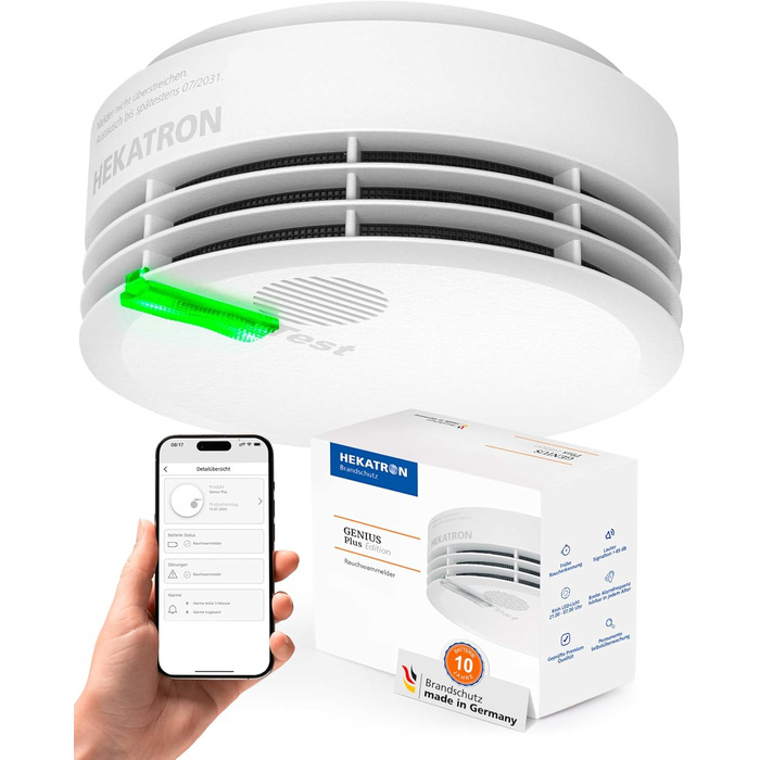 Детектор диму Hekatron Genius Plus з батареєю на 10 років, переможець тесту Stiftung Warentest, підтримка додатку, монтаж на клей, німецька якість, багатомовний