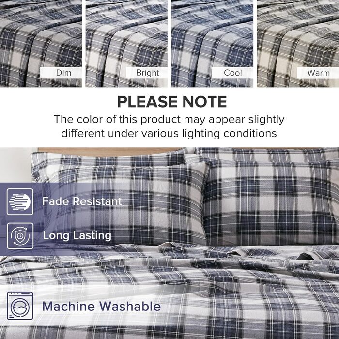 Бавовняна фланелева постільна білизна Comfort Spaces для ліжка King Size, синя шотландська клітинка, 4 предмети, тепла та дихаюча