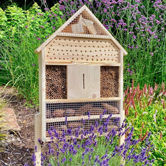 Інсектотель GARTENETAGE XXL – масивний будиночок для комах та бджіл, натуральне дерево, готель для комах з опорами, будиночок для сонечок і метеликів, допомога у гніздуванні та захист видів
