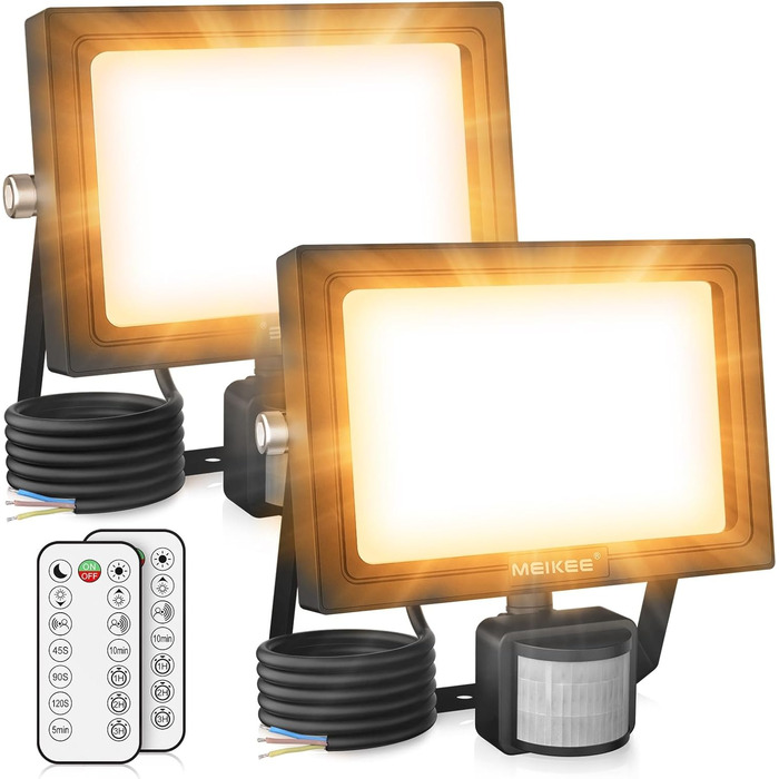 MEIKEE LED прожектор 15Вт з датчиком руху та пультом, тепле світло 2700K, 150-1200 Лм, IP66, водонепроникний, для вулиці, саду, гаража, спортмайданчика, комплект 2 шт. (еквівалент 60Вт)
