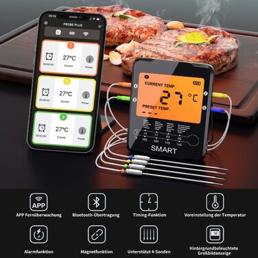 Бездротовий м'ясний термометр Uzone з Bluetooth, цифровий термометр з додатком, 100 м, гриль-термометр для барбекю, духовки та копчення, LCD-дисплей з підсвіткою, 4 зонда