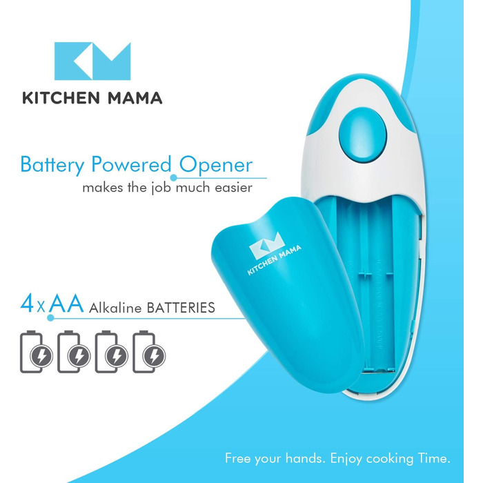 Автоматична електрична відкривачка для консервів Kitchen Mama, безпечна, з гладким краєм, харчова нержавійка, блакитна