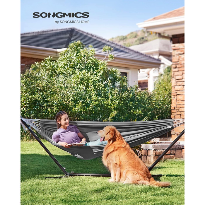 Двомісний гамак SONGMICS 210x150 см, до 300 кг, з чохлом, ременями та карабінами, для тераси, балкона, саду, кемпінгу, сірий
