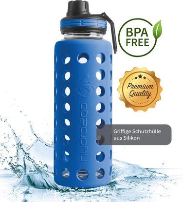 Скляна пляшка для води з силіконовим чохлом, 950 мл, герметична, BPA-free, придатна для миття в посудомийній машині, 2 змінні кришки, для офісу, спорту, фітнесу, йоги, темно-синя